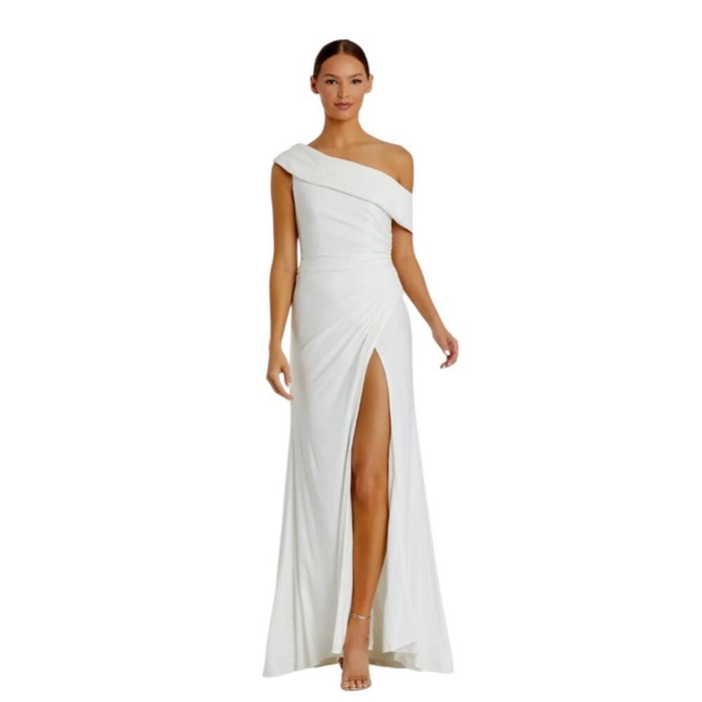 Mac Duggal NEW Size 4 White Foldover Off Shoulder Slit Bridal Prom Gown 26517